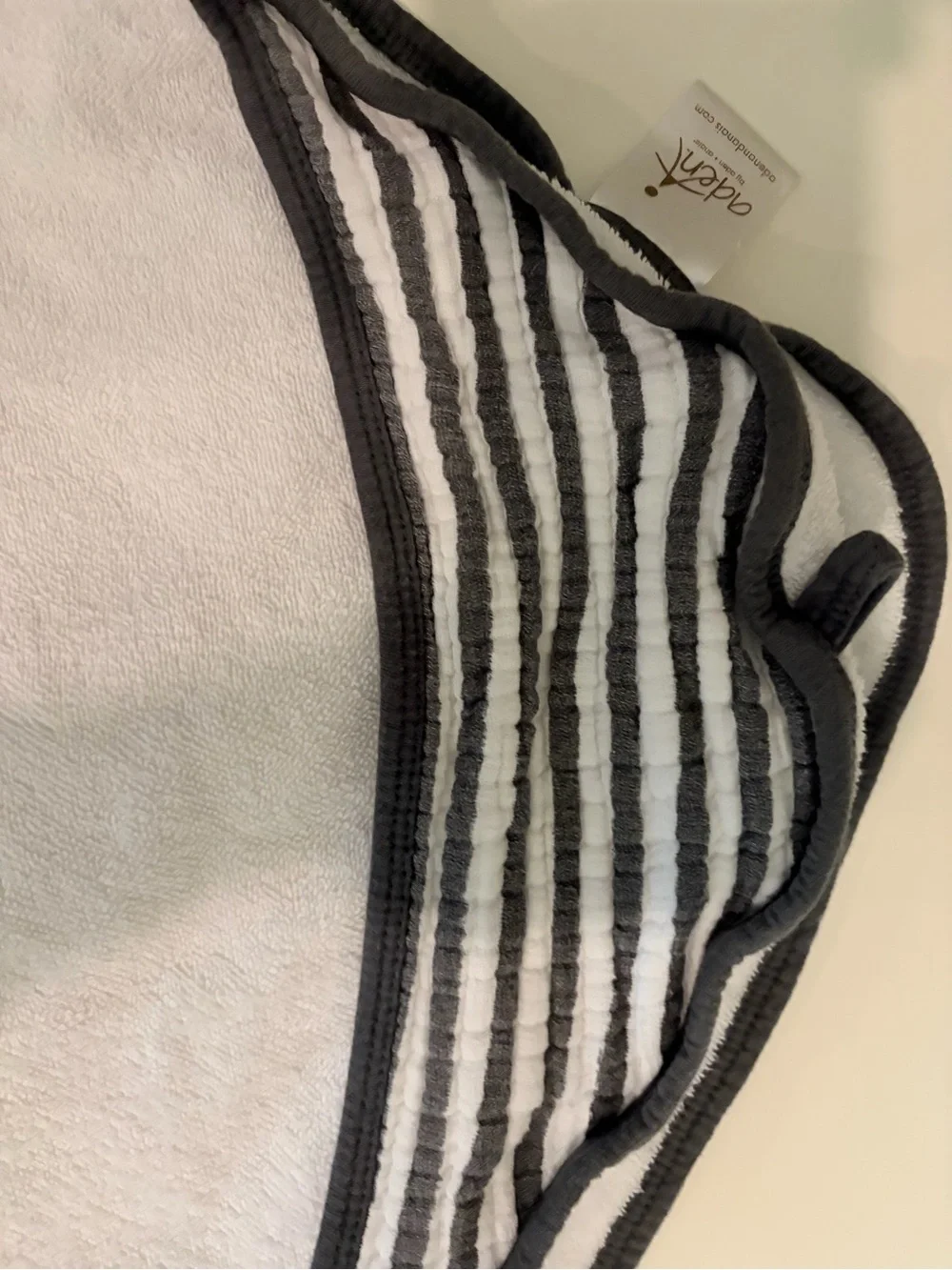 aden + anais Hooded Baby Towel in White with Gray Trim and Stripes